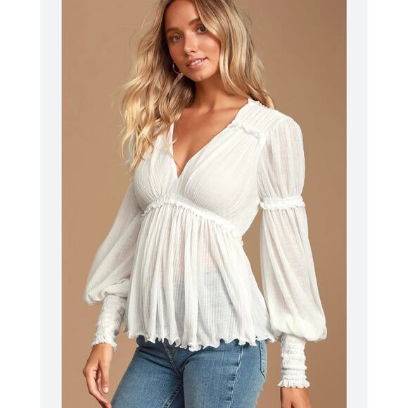 FREE PEOPLE Day Dreaming White Ruffle Balloon Sleeve Top - Picture 2 of 12